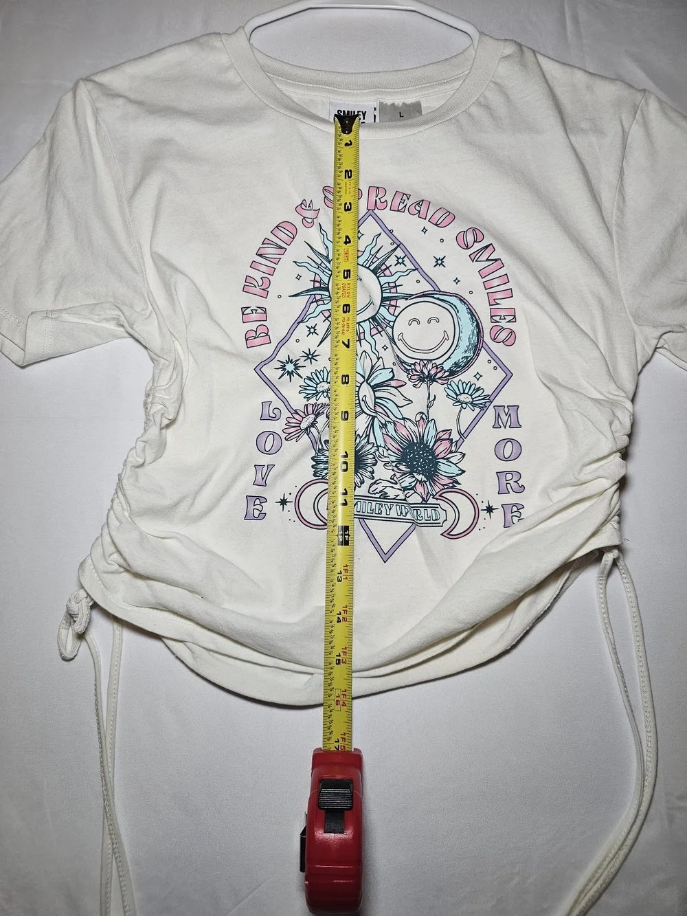 Smiley World Ruched Baby Tee Kids Large Pastel Graphic Crop Top Y2K Fairycore